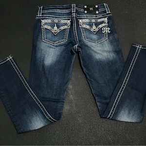 Miss Me Mid-Rise Skinny Jeans Blue Denim Embroidered & Studded Accents Pockets